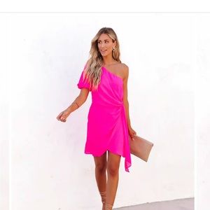 One Shoulder gathered dress.features a faux wrap.  Great for wedding or vacation